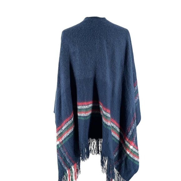 NWT Free People Wren Poncho Cape Blanket Wrap Blue Striped Fringed OSFM - Picture 7 of 12